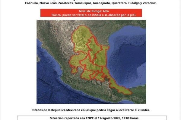 Alerta por robo de cilindro tóxico en San Luis Potosí (17:00 h)