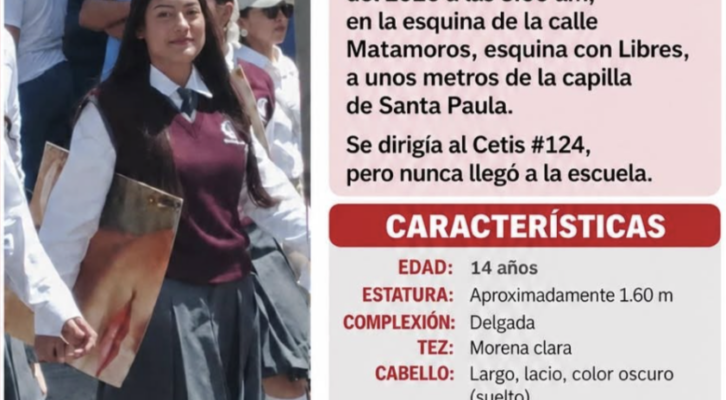 Reportan desaparición de una estudiante del CETIS124 en Tlacolula de matamoros (12:00 h)